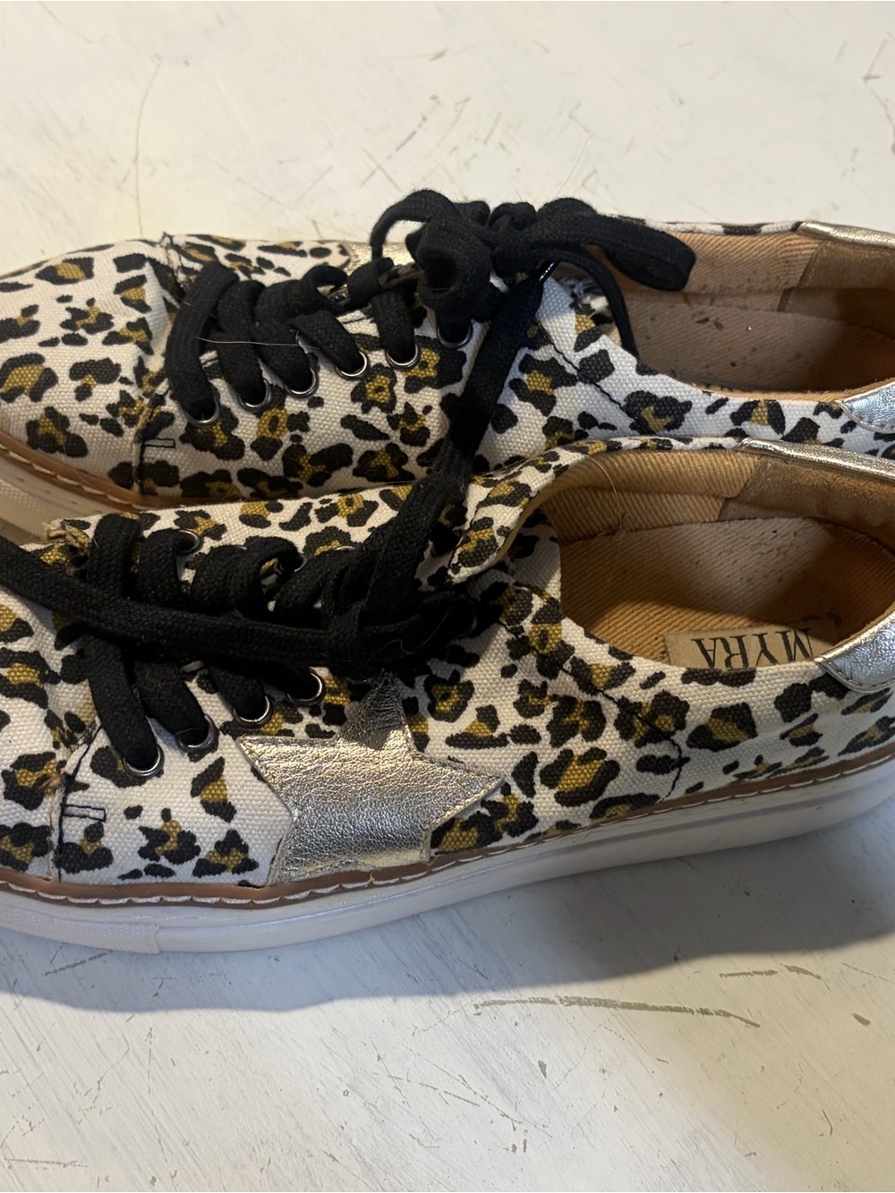 Myra Bag White Leopard Print Sneakers with Black Laces and Silver Star